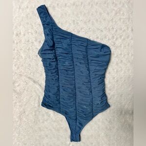 LANE 201 One-Shoulder Ruched Blue Bodysuit